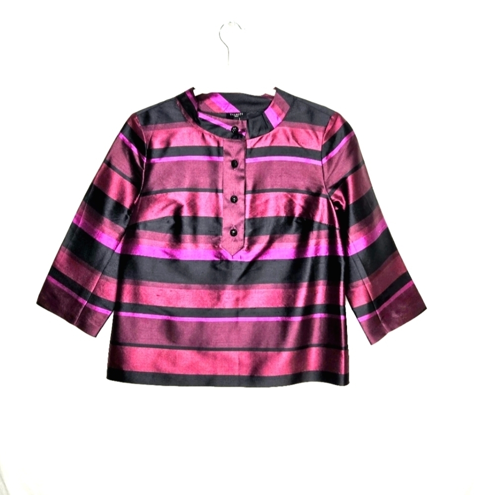 Talbots silk, horizontal stripe tunic. Maroon/black/fuschia.  Size 10 petite